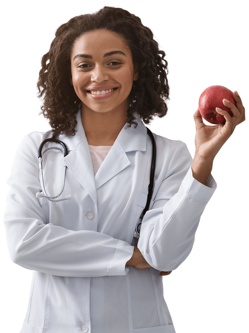 women smiling with an apple in her hand