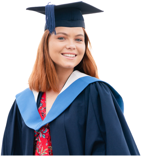 Smiling young woman in graduation cap and gown with a blue and white academic hood, standing confidently in a red floral dress.