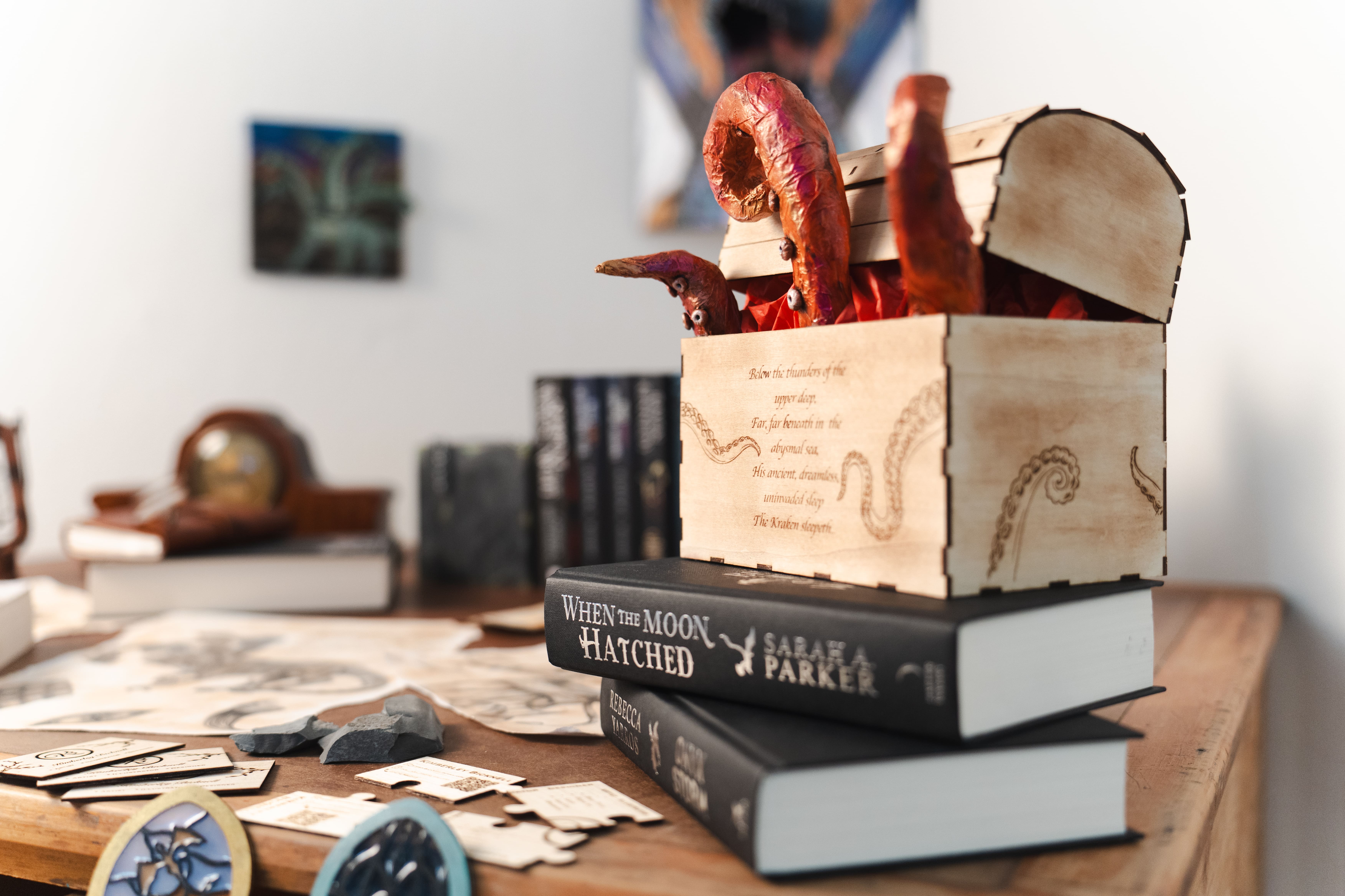 an octopus emerging from a chest art piece