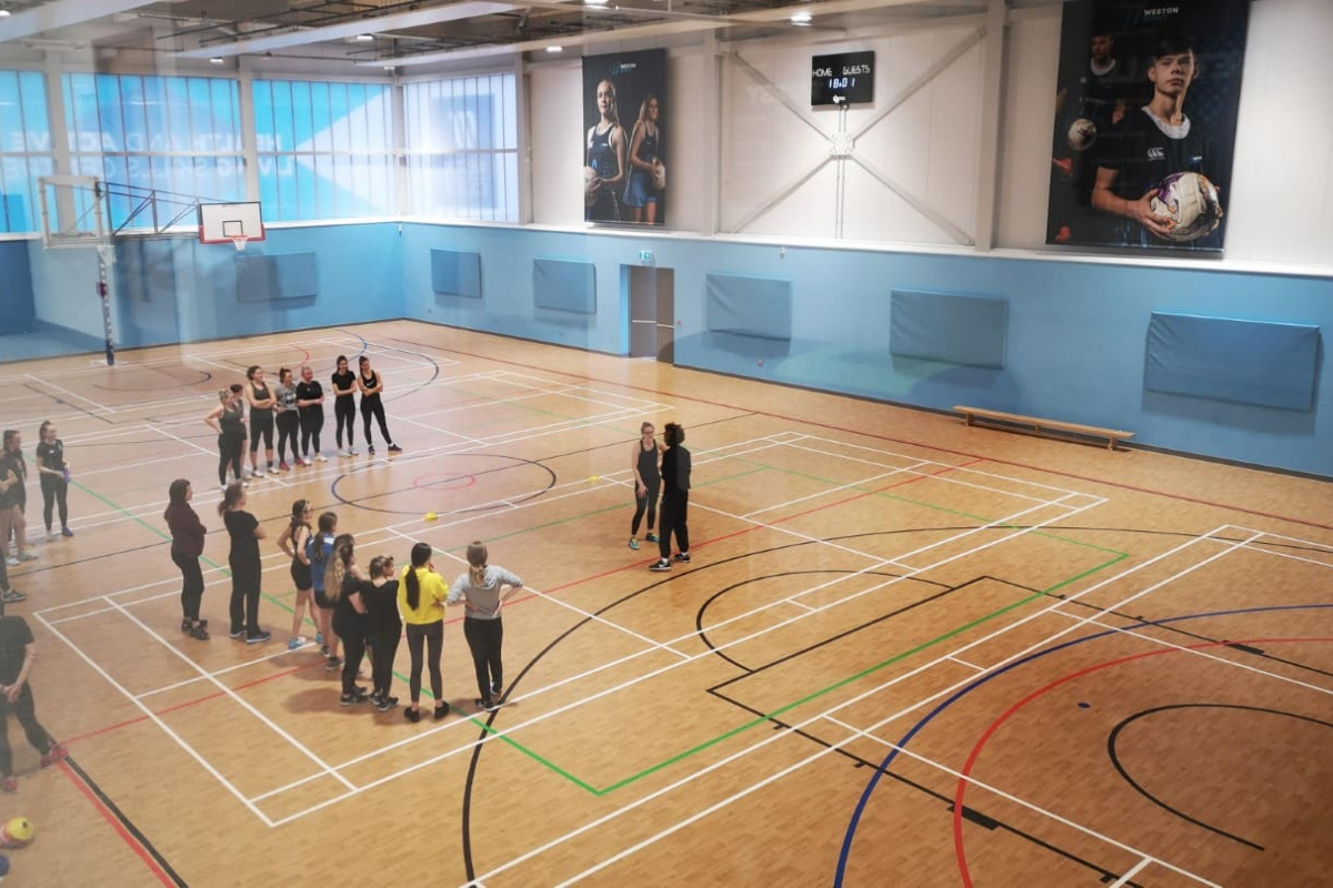 wide shot of a college sports hall