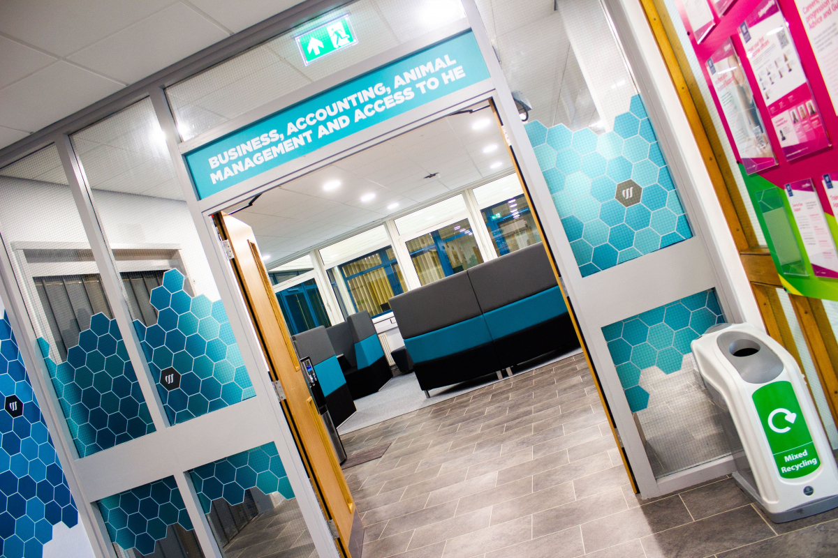 New business facilities entrance, open to communal room