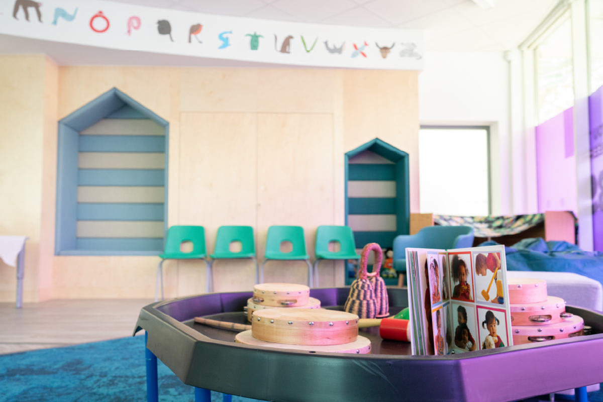 a early years classroom with tables and chairs with close up on children's play table
