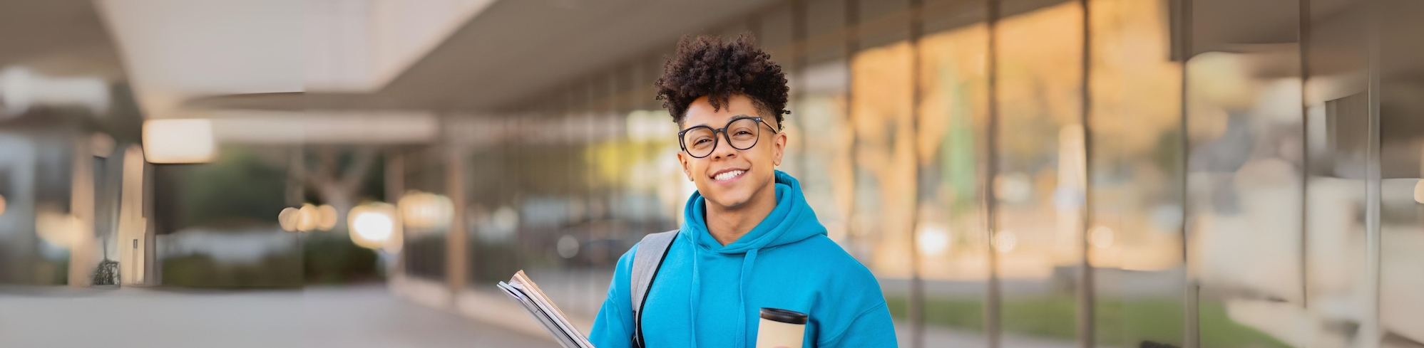 Weston College student holding coffee and textbooks