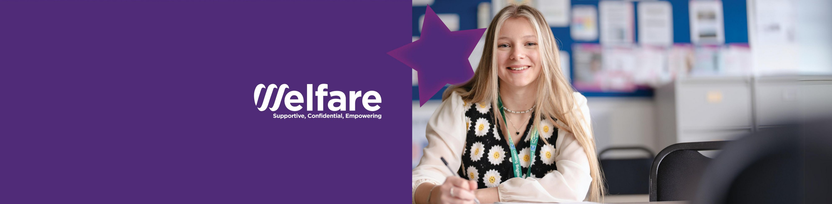 walfare header with girl writing something
