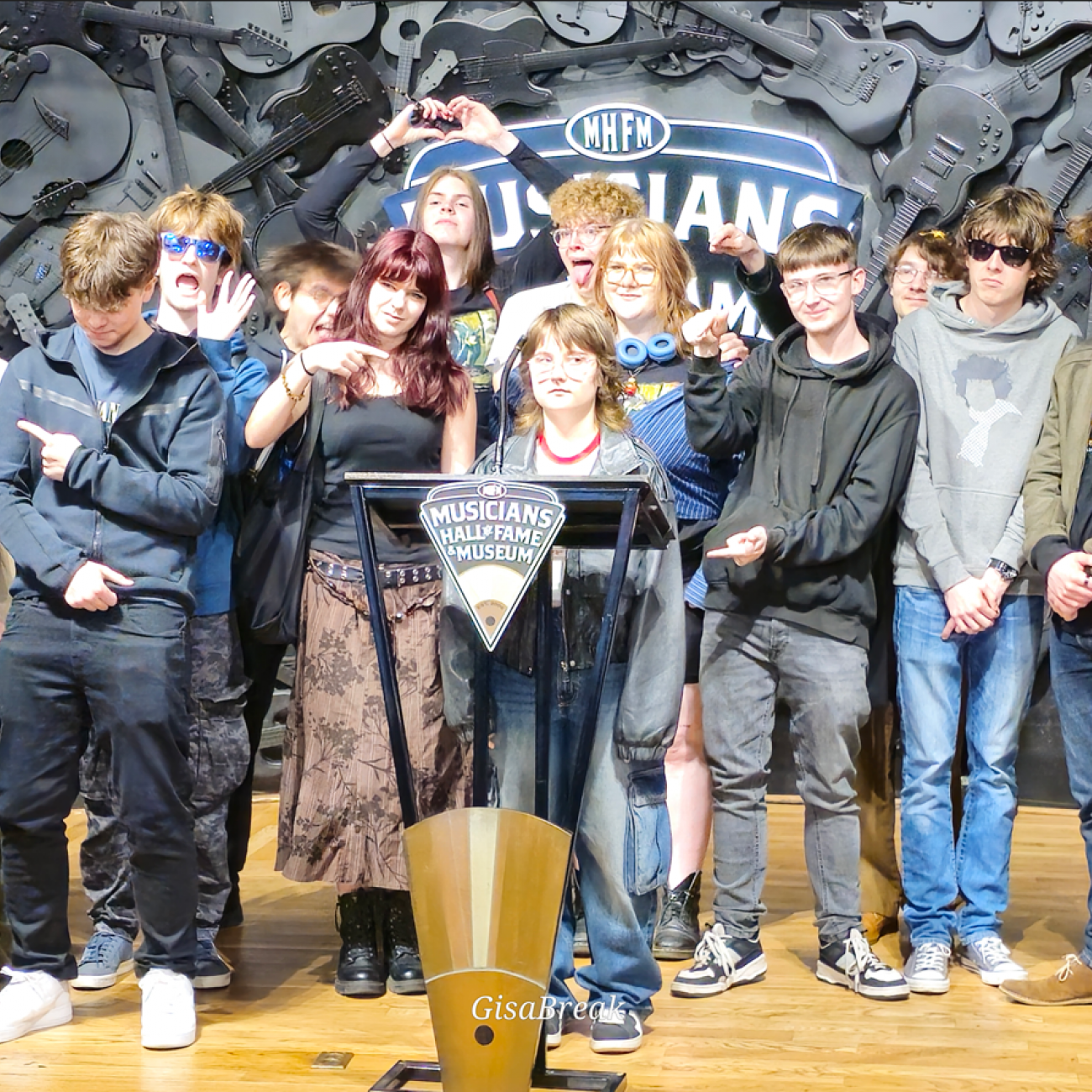 Group picture at Musicians Hall of Fame podium