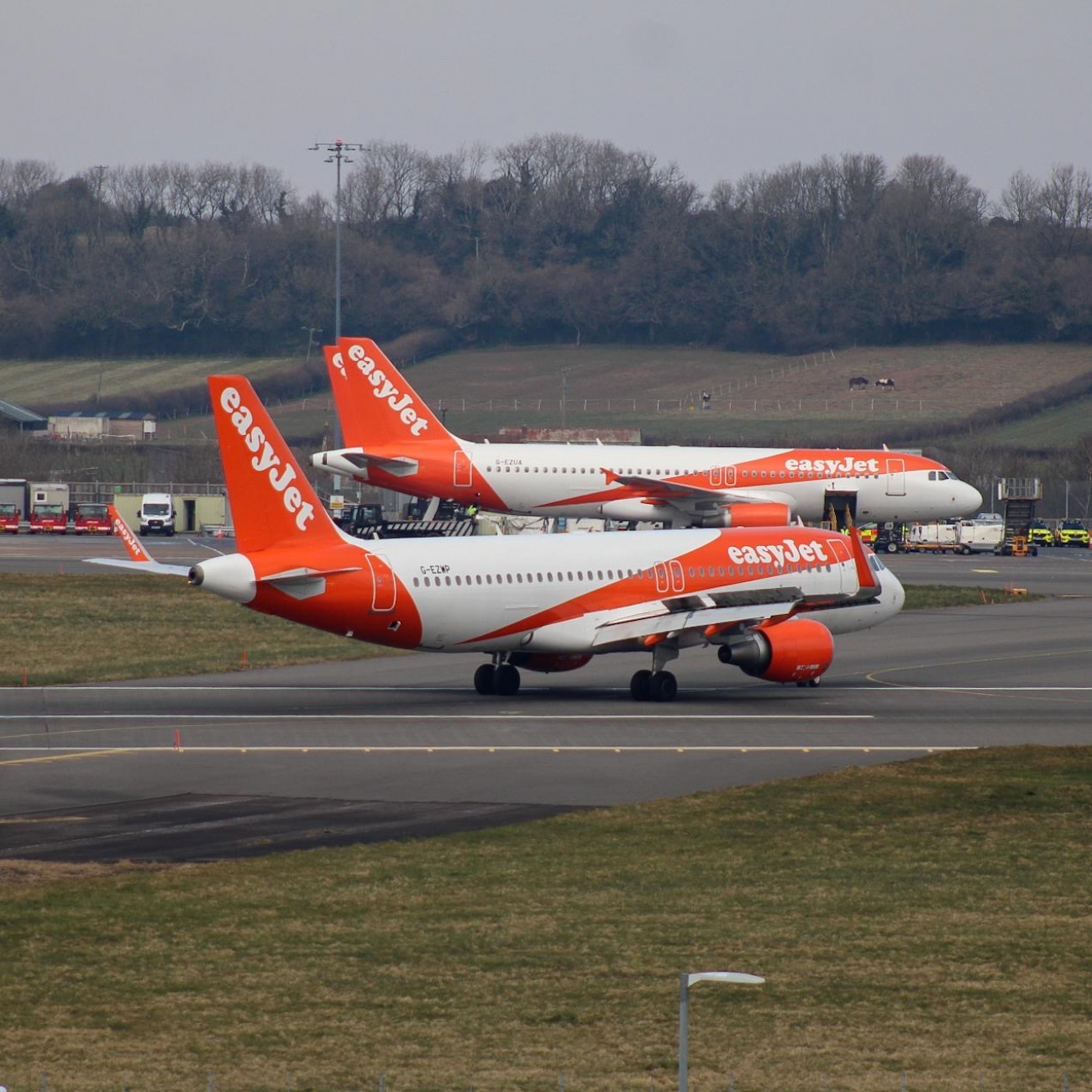 EasyJet planes on the runway at Bristol Airport