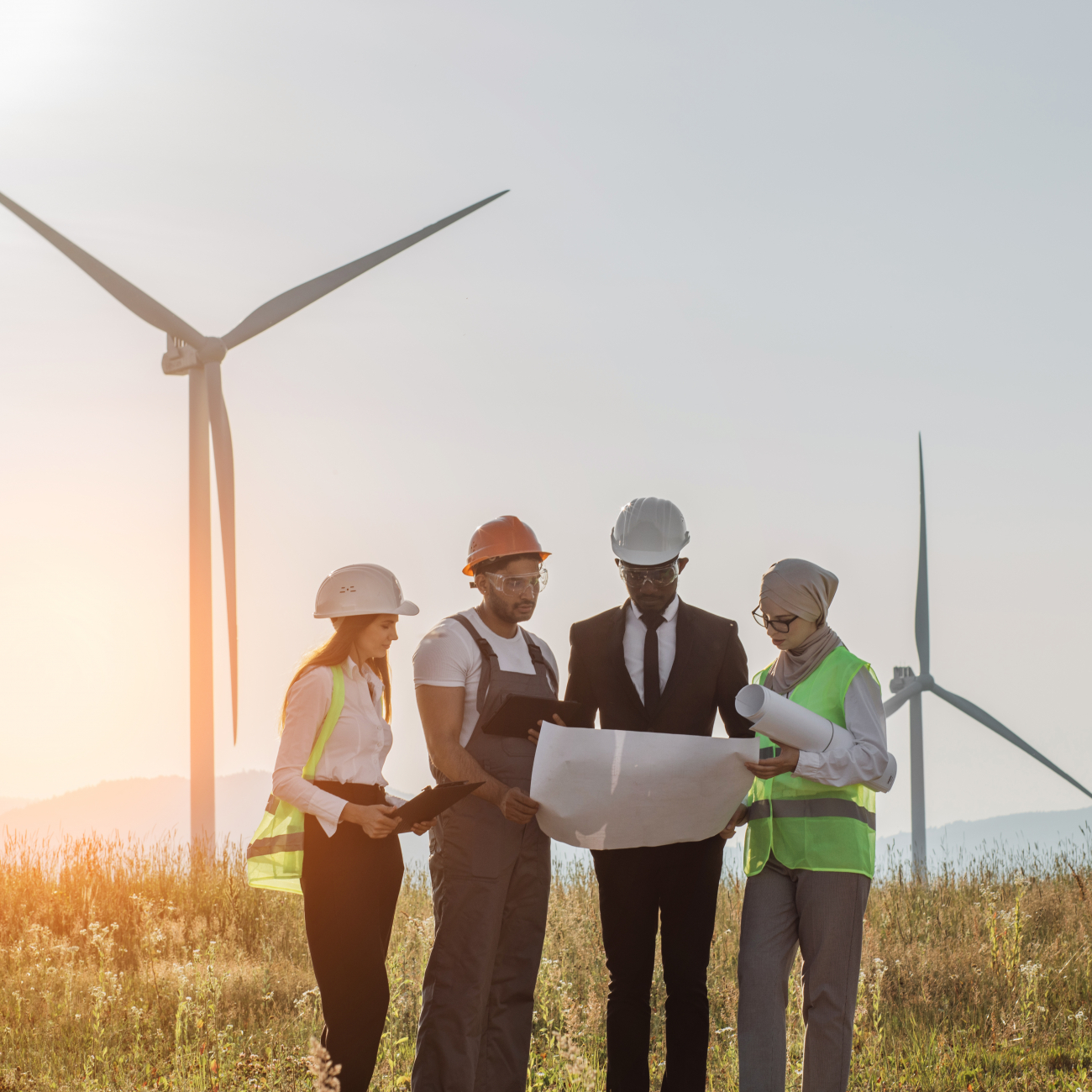 Staff Stood infront of windmills